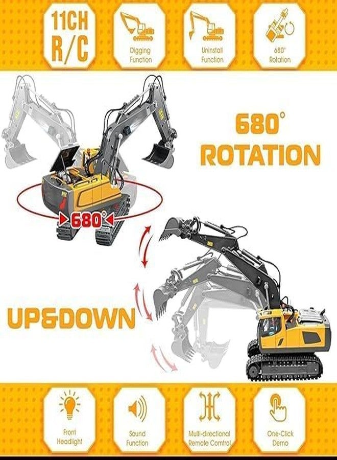 RABJET Remote Control Excavator Toy 11 Channel Rc Excavator Truck Toys 1/20 Scale 2.4Ghz Construction Vehicles with Metal Shovel 680° Rotation Lights & Sounds for Kids Boys Age 4-10 Years, Multicolor - Image 3